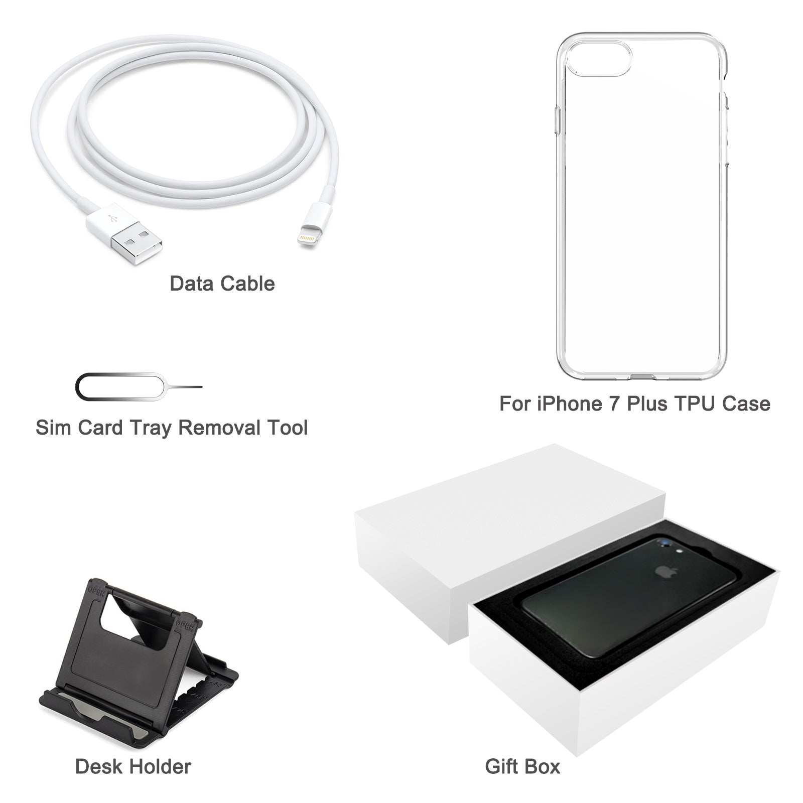 [HK Warehouse] For iPhone 7 Plus TPU Case + Desk Holder + Data Cable + Sim Card Tray Removal Tool + Gift Box