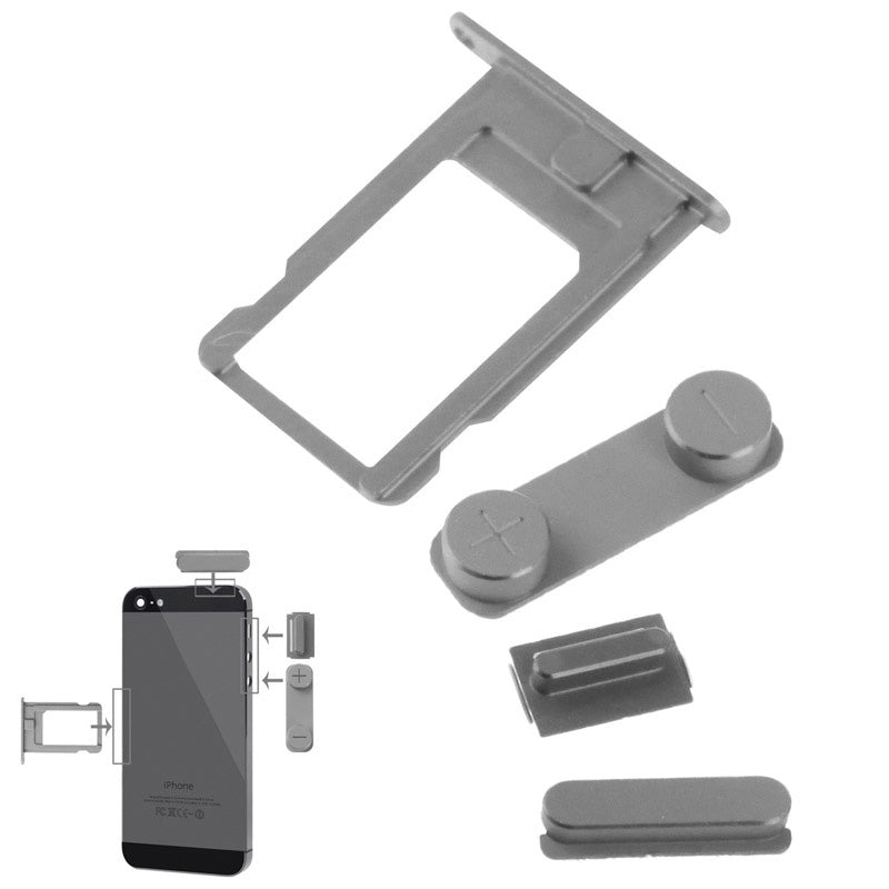4 in 1 for iPhone 5 & 5S Original Alloy Material Colorful Nano SIM Card Tray + Volume Button + Power Button + Mute Button (Dark Grey)