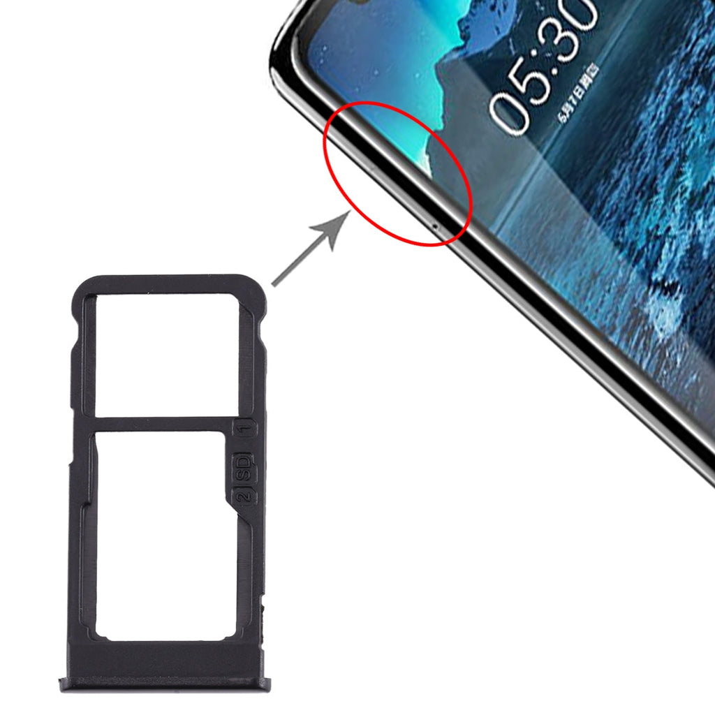 SIM Card Tray + SIM Card Tray / Micro SD Card Tray for Nokia 5.1 Plus / X5 TA-1102 TA-1105 TA-1108 TA-1109 TA-1112 TA-1120 TA-1199(Black)